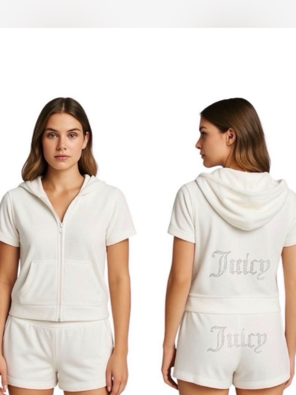 Juicy Couture White Short-Sleeve Zip Hoodie with Sorts Set with Rhinestone Logo